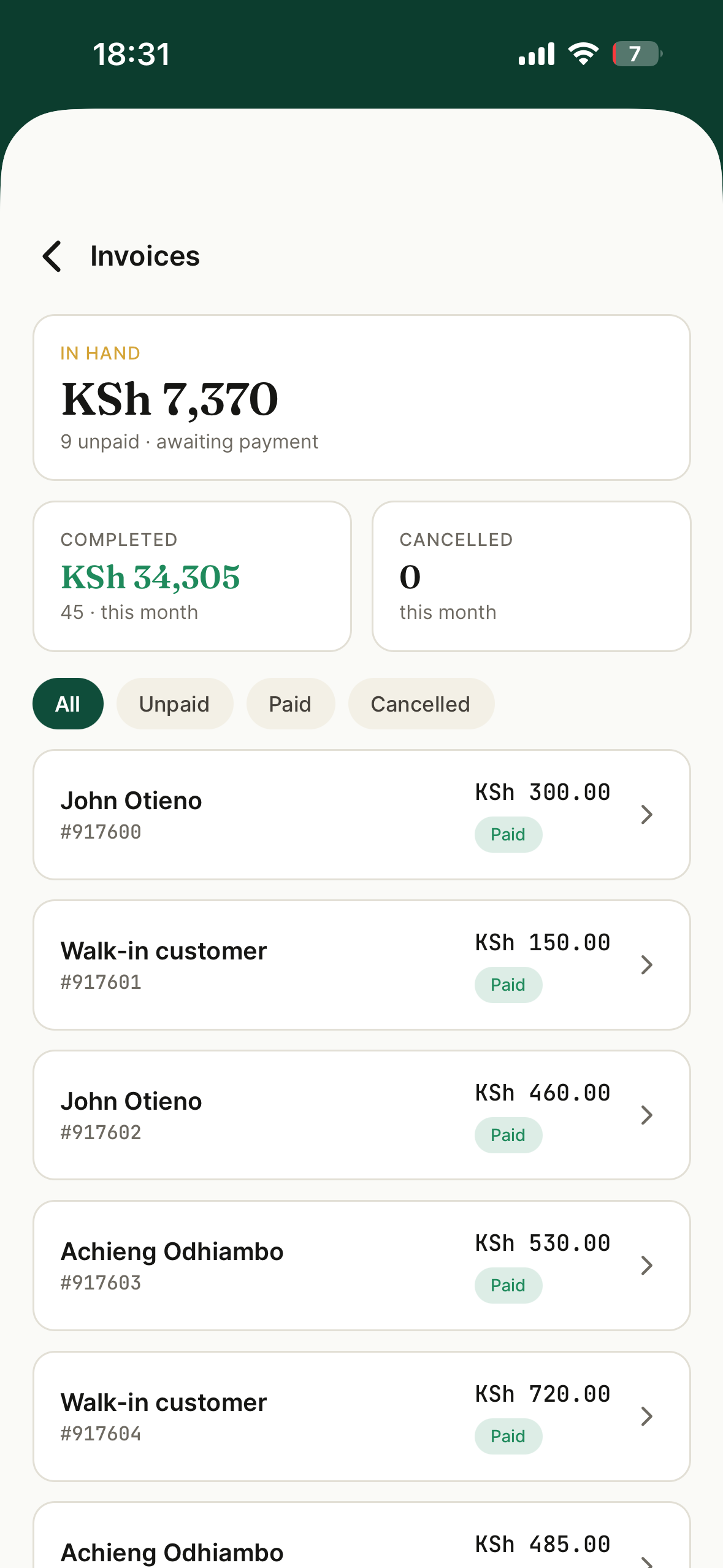 Kuza: invoices list