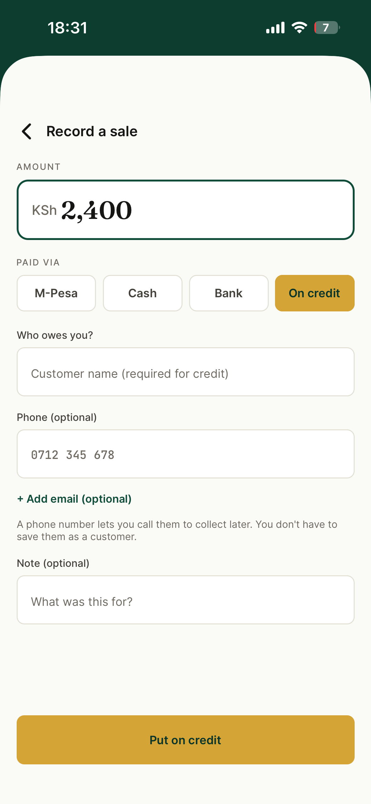 Recording a sale in Kuza on a phone, including a sale on credit