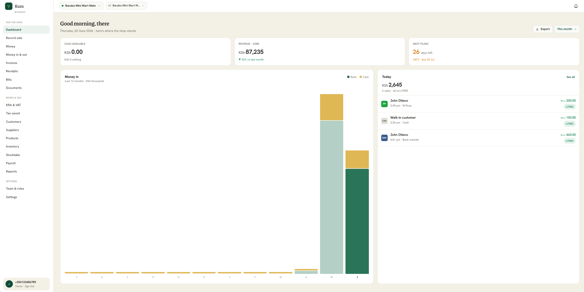 Kuza on web: the dashboard, your money at a glance